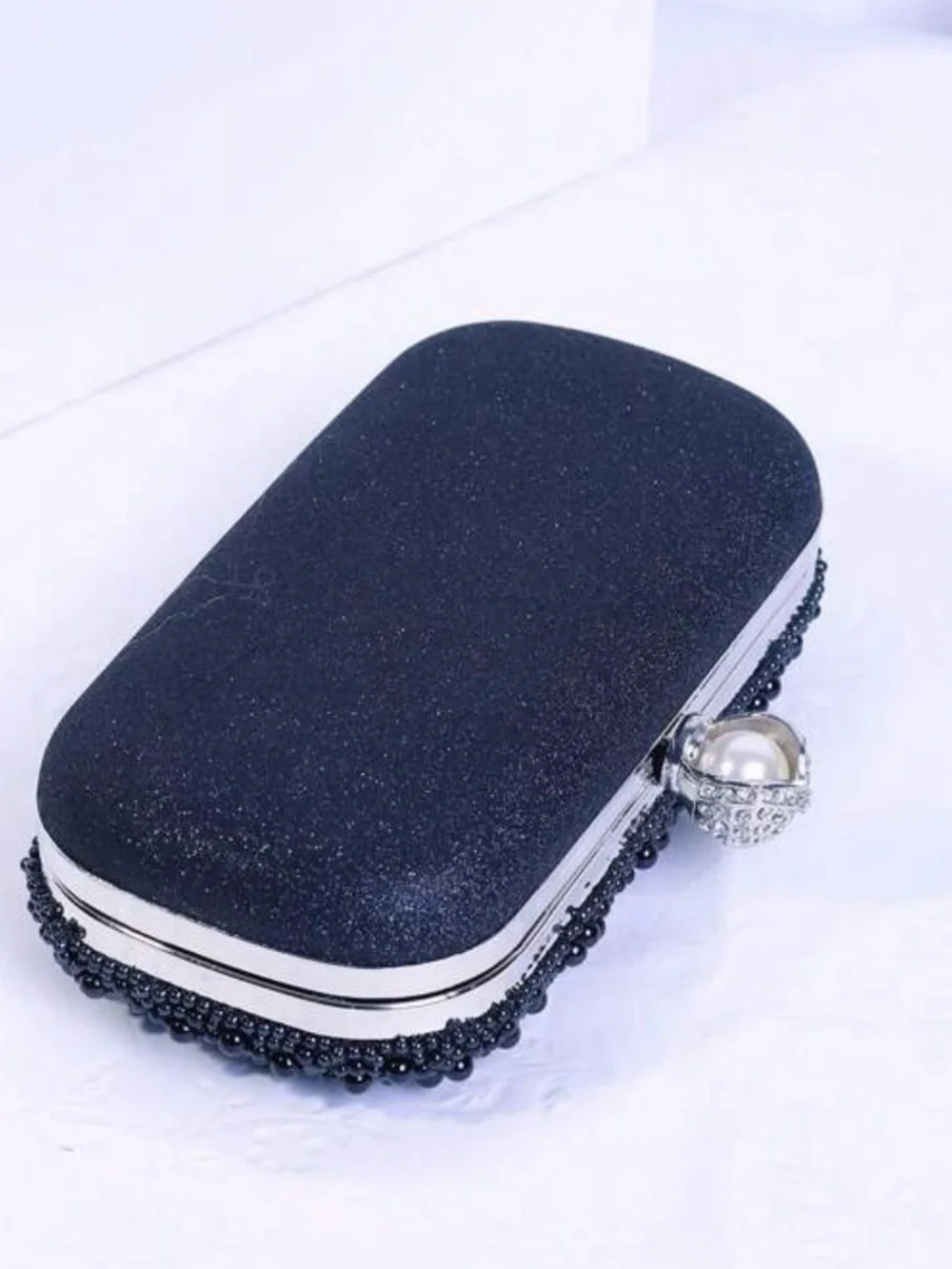 Pearl & Crystal Embellished Clutch - Black